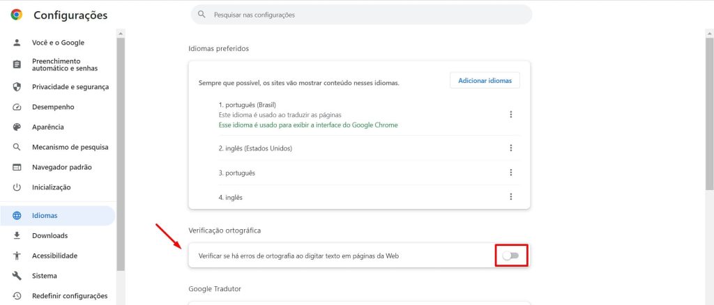 como habilitar a correção ortográfica no Google Chrome passo 6