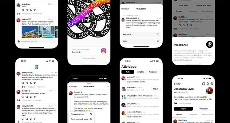 vários celulares com vários momentos diferentes da Threads em suas telas