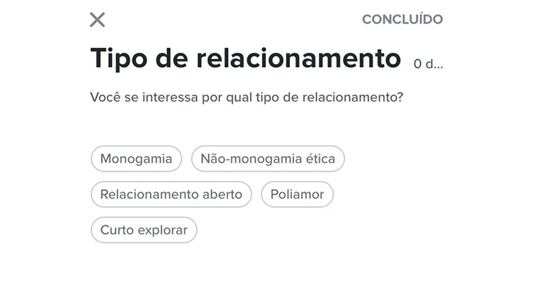 tipos de relacionamento que o Tinder permite inserir no seu perfil