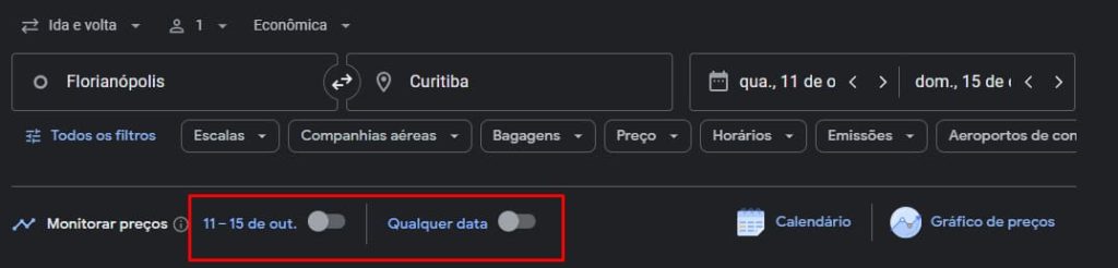 Crie alertas para monitorar o preço no Google Voos