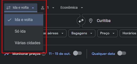 Selecione Ida e Volta separadamente no Google Voos