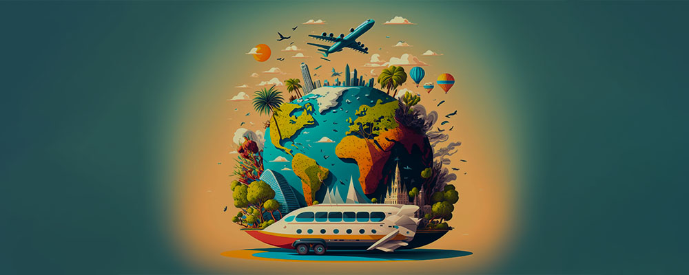 ilustração de um globo terrestre com destinos de viagem em destaque e aviões ao seu redor