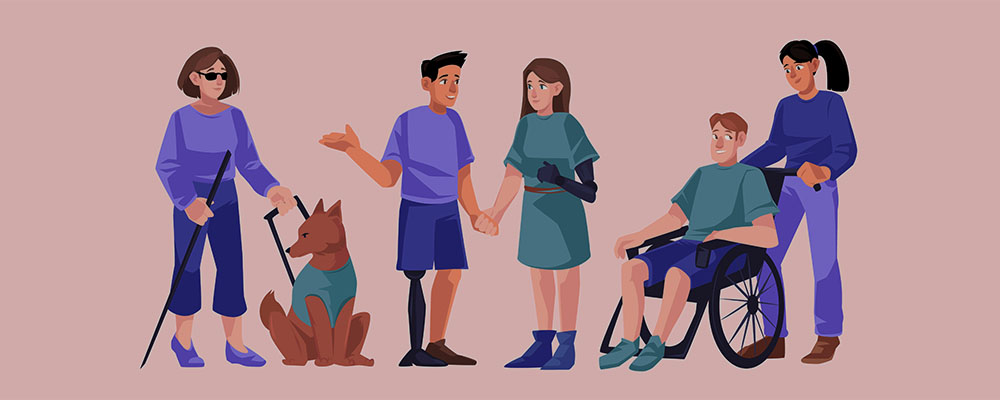 ilustração com várias pessoas com vários tipos de deficiência