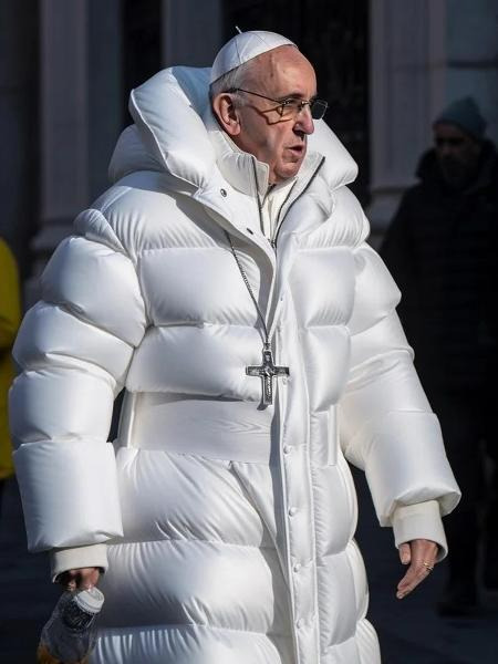 imagem gerada por IA em que o Papa Francisco está usando uma blusa de frio estilizada