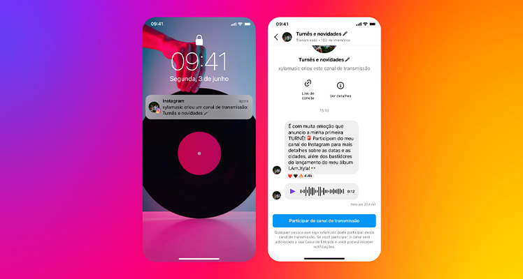 tela de celular com notificação de um canal de transmissão no Instagram