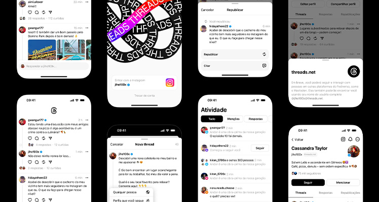 vários celulares com vários momentos diferentes da Threads em suas telas