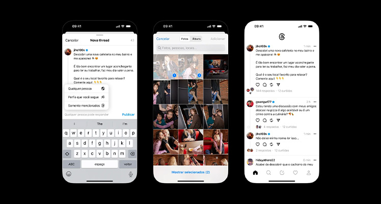 telas de celulares com o feed do Threads aberto