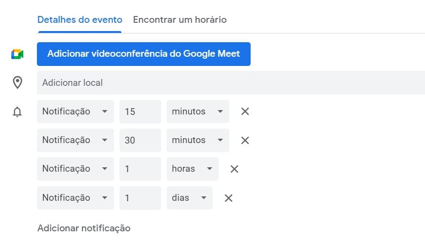 como adicionar notificações nos eventos no Google Agenda