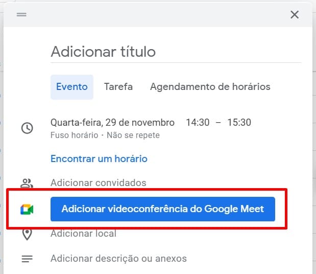 como adicionar um link do Google Meet a um evento no Google Agenda