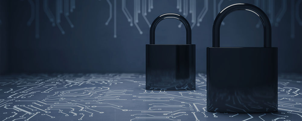 dois cadeados sobre desenhos tecnológicos indicando segurança cibernética