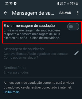 como configurar uma mensagem de saudação no WhatsApp Business passo 5