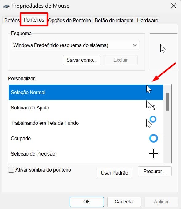 como mudar o cursor do mouse pelo Painel de Controle passo 4