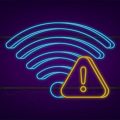 neon com o símbolo do wi-fi e um símbolo de alerta em amarelo