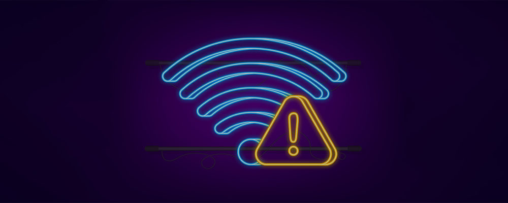 neon com o símbolo do wi-fi e um símbolo de alerta em amarelo