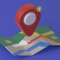 desenho 3D de um mapa aberto com um ícone de localização pairando sobre ele