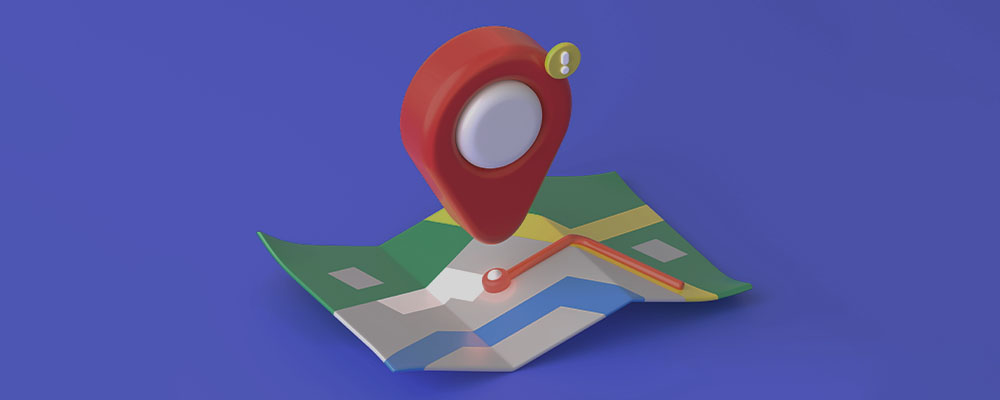 desenho 3D de um mapa aberto com um ícone de localização pairando sobre ele