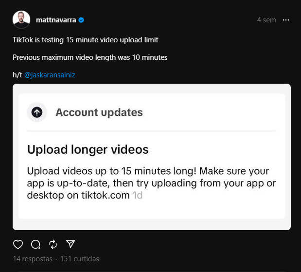 post de Matt Navarra no Threads falando sobre o novo recurso do TikTok