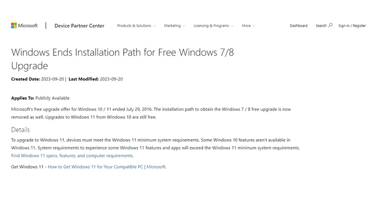 comunicado oficial da Microsoft sobre o fim da atualização com chaves antigas para o Windows 11