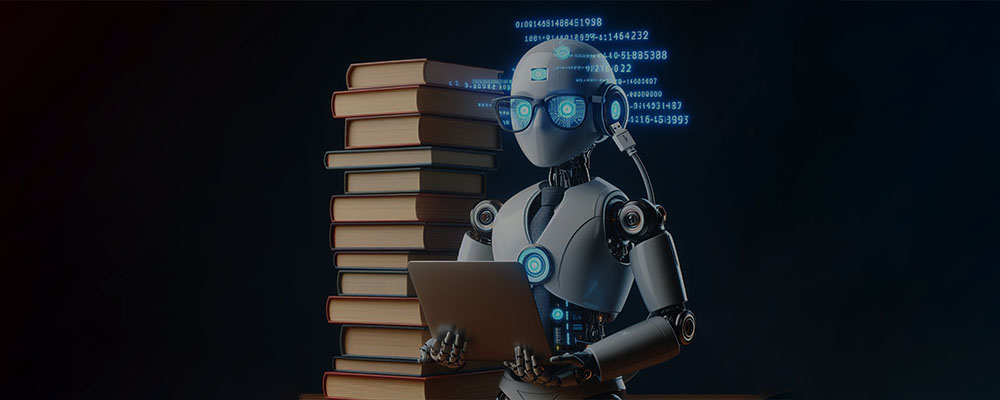robô lendo uma pilha de livros, representando o grande volume de dados que o ChatGPT é capaz de analisar