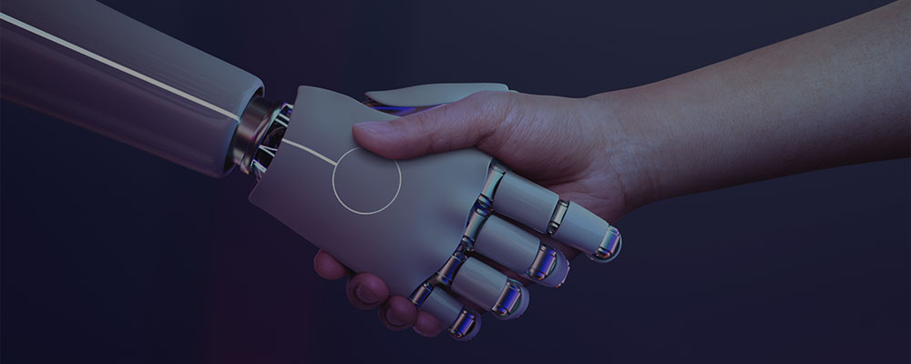 mão de robo apertando a mão de um humano mostrando a evolução da inteligência artificial em 2023