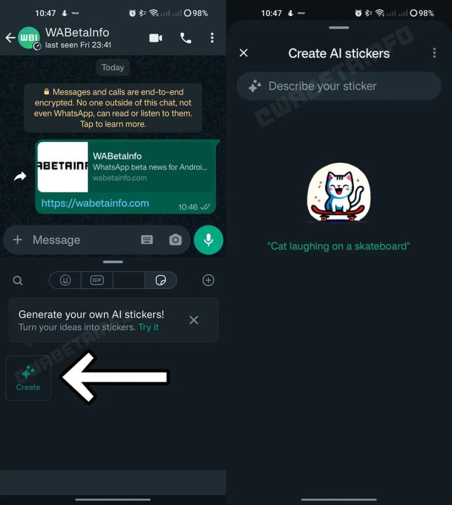 demonstração no WhatsApp Beta de como funciona o novo recurso de criar figurinhas com IA