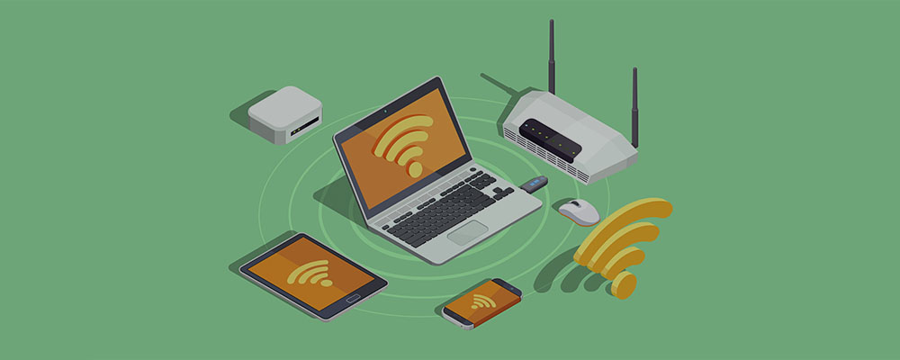 ilustração de um sinal de wi-fi enviando conexão com internet para vários dispositivos à sua frente
