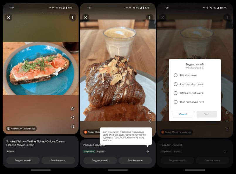 Resultados de busca por restaurantes no Google Maps ilustrados com fotos dos cardápios.