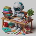 Robô bonitinho sentado em uma escrivaninha estudando, mostrando como a inteligência artificial pode ajudar nos estudos.
