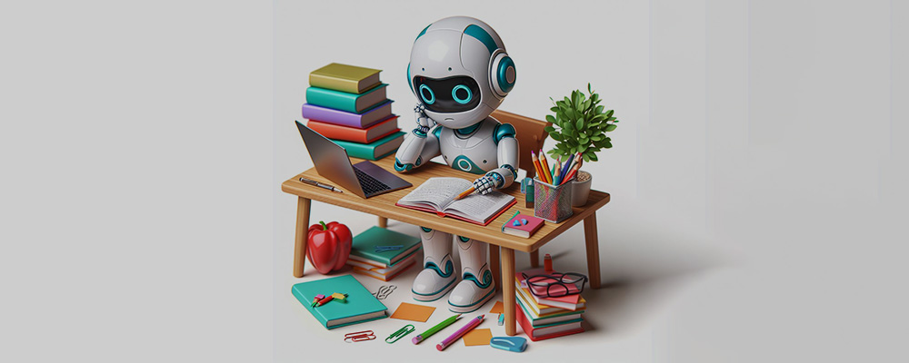 Robô bonitinho sentado em uma escrivaninha estudando, mostrando como a inteligência artificial pode ajudar nos estudos.