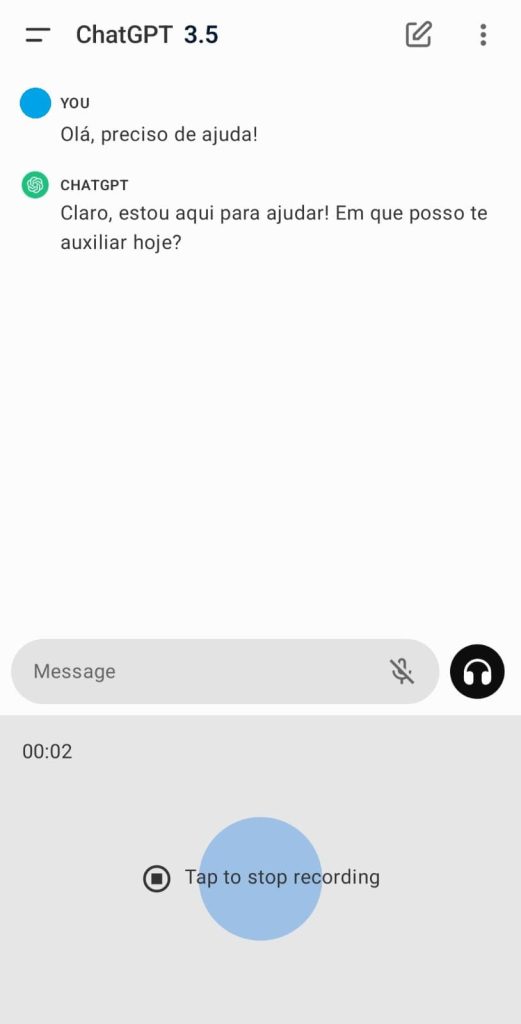 Perguntas por voz no ChatGPT para Android.