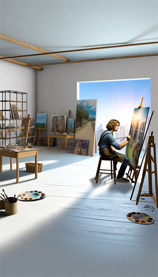 Ilustração de um jovem artista pintando em seu estúdio criado por meio do gerador de imagens do ChatGPT.