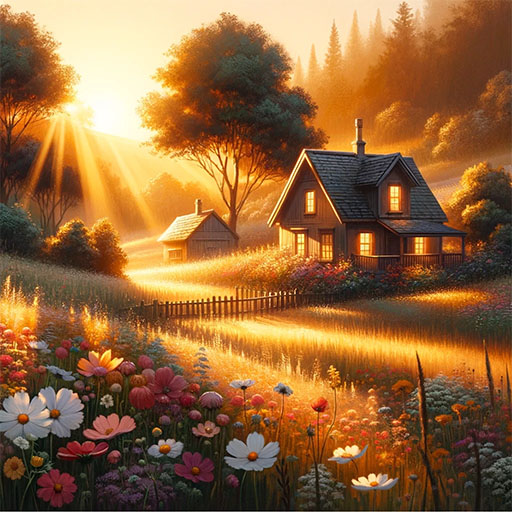 Ilustração de uma casa de campo ao pôr do sol criada por meio do gerador de imagens do ChatGPT.