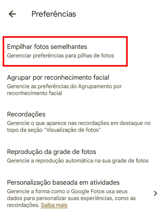 Como ativar o agrupamento de imagens no Google Fotos passo 3.