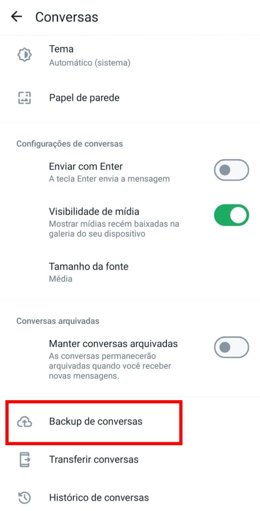 Como ativar e fazer o backup do WhatsApp passo 3.