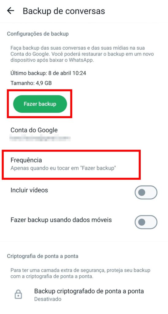 Como ativar e fazer o backup do WhatsApp passo 4.