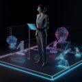 Imagem em 3D de uma mulher em pé utilizando novas tecnologias de realidade aumentada para trabalhar.