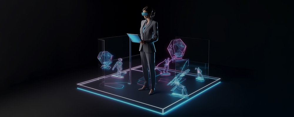 Imagem em 3D de uma mulher em pé utilizando novas tecnologias de realidade aumentada para trabalhar.