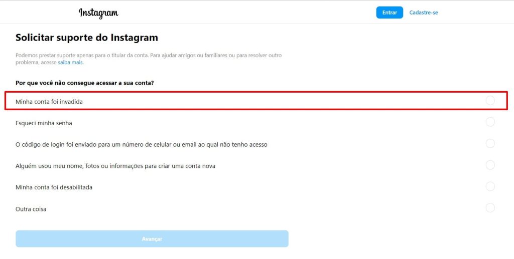 Como solicitar suporte ao Instagram em caso de conta hackeada.