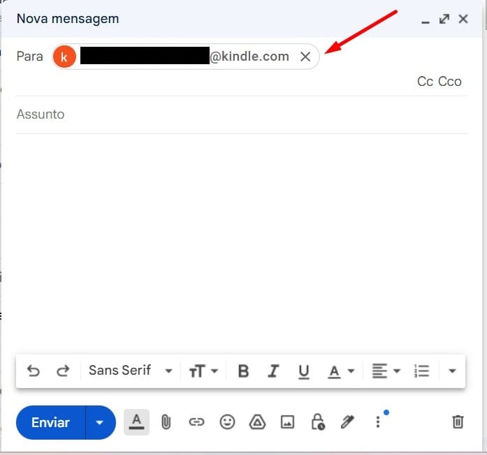 Como enviar documentos para o Kindle por e-mail passo 2.