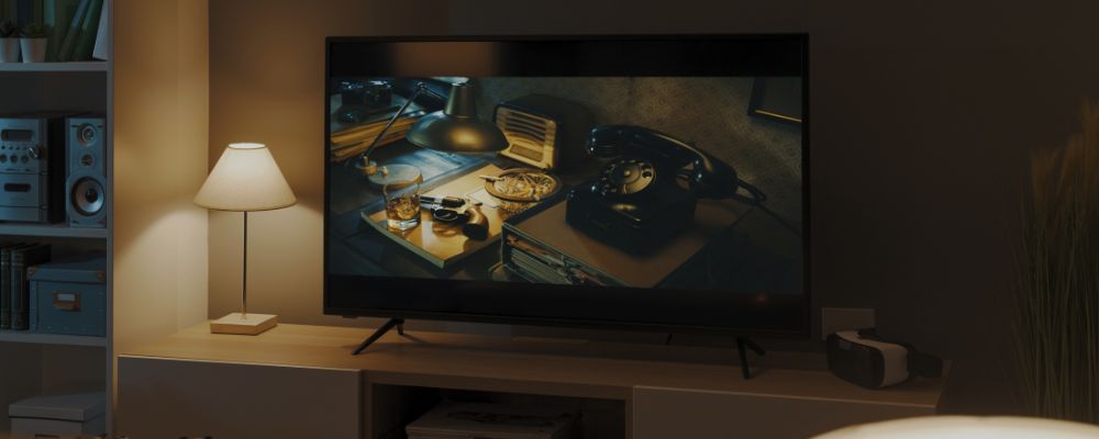 Filme sendo exibido em uma TV que está espelhando um notebook.