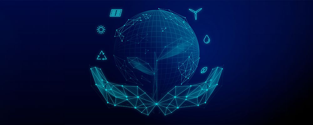 Conceito de tecnologia e sustentabilidade da empresa Positivo com mãos segurando um planeta terra formado por circuitos eletrônicos.