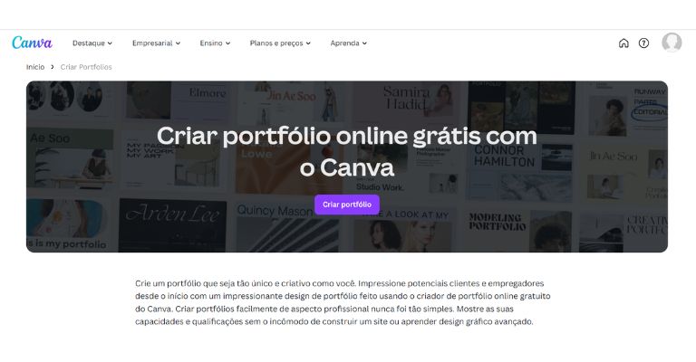 Canva, plataforma para criar portfólio online.