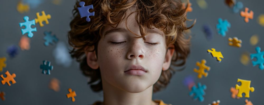 Foco no rosto de uma criança com autismo de olhos fechados e várias peças de quebra-cabeça caindo sobre ele.
