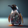 Pinguin, mascote do Linux, com circuitos tecnológicos presos em sua barriguinha.