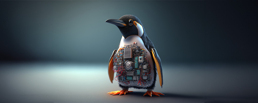 Pinguin, mascote do Linux, com circuitos tecnológicos presos em sua barriguinha.