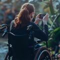 Garota em cadeira de rodas usando o Google Lens para identificar plantas em um celular da Positivo.