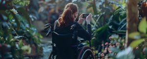 Garota em cadeira de rodas usando o Google Lens para identificar plantas em um celular da Positivo.