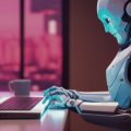 Robô escrevendo um texto em um computador, representando as insteligências artificiais para produzir conteúdo em texto.