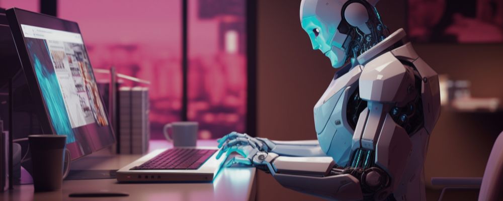 Robô escrevendo um texto em um computador, representando as insteligências artificiais para produzir conteúdo em texto.