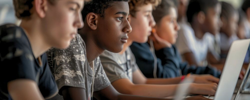 Alunos usando notebook em sala de aula para usufruir da gamificação na educação.